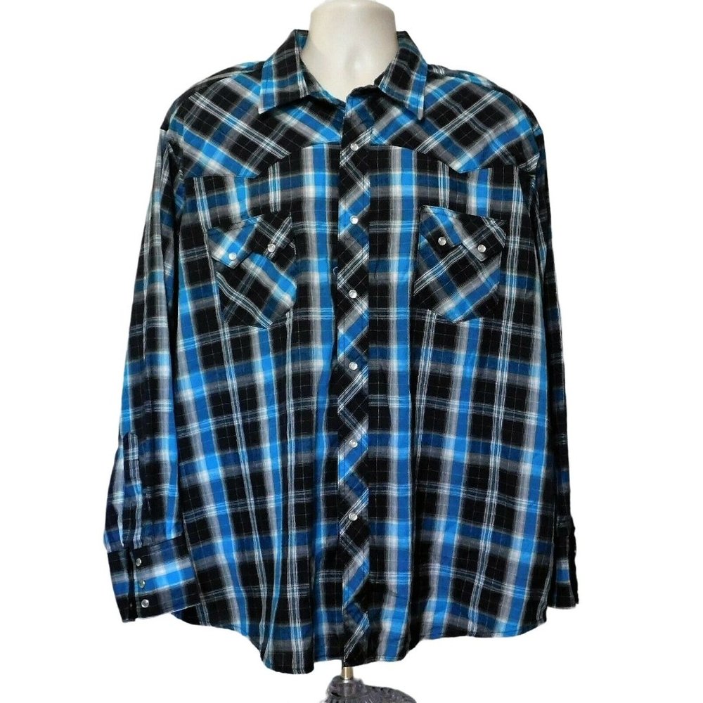 Wrangler Western Snap Shirt XXL Blue Black Plaid Long Sleeve Cotton Blend